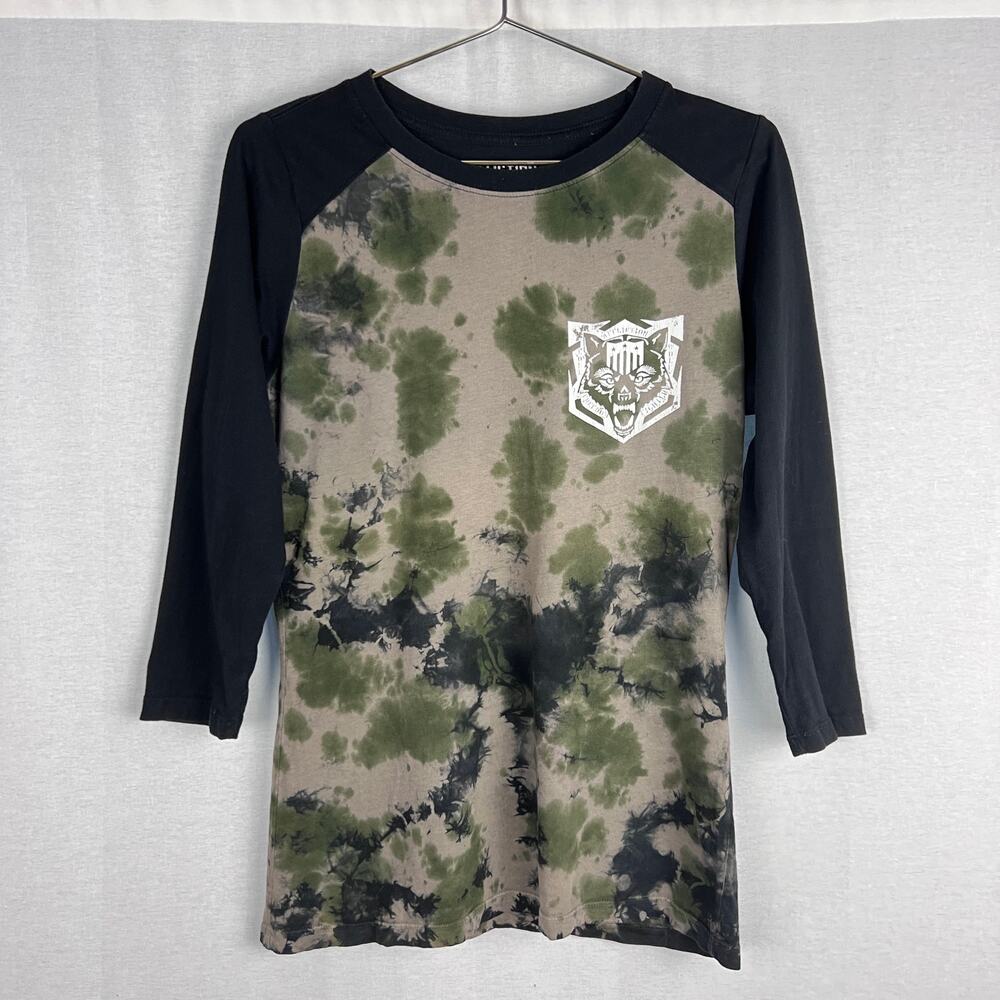 Affliction TShirt Women Large Freedom Defender Raglan Tie Dye Wolf Graphic Biker